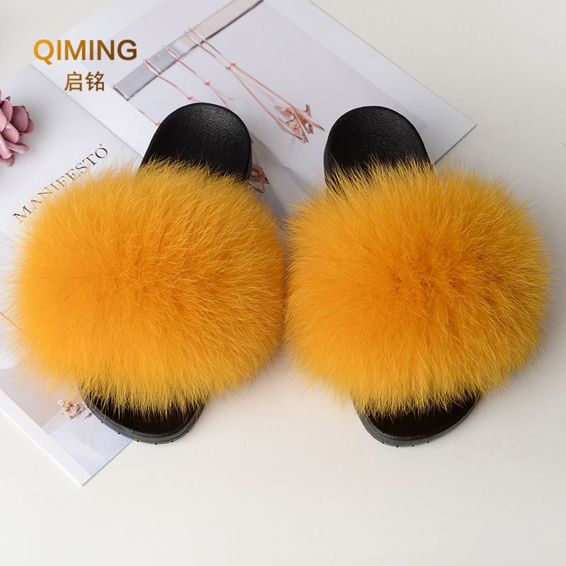 Women Summer Fluffy Fur Slippers Flat Non-slip Solid Real Furry Fur Slides Platform Shoes Plush Fur Sandals Flip Flops Women