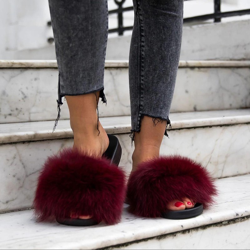 Women Fox Shoes Fur Slippers Real Fox Fur Slides Home Furry Flat Sandals Female Cute Wholesale House Shoes Woman Luxury Brand Ho