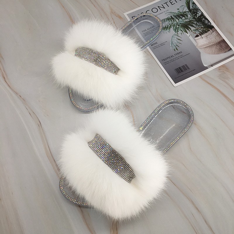 Jelly Slippers Transparent Crystal Flat Slippers Furry Slides for Women Fluffy Slippers Fur Sandals Flip Flop Ladies Summer 2022