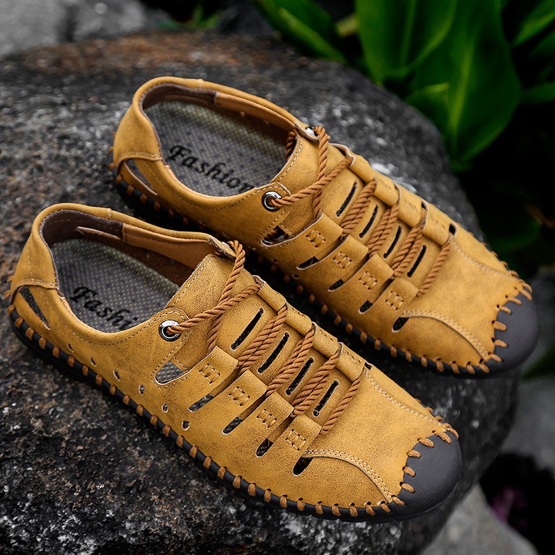 Brand Men Summer Sandals Genuine Breathable Genuine Leather Roman Handmade Casual Fashion Beach Trekking Outdoor Size 38-48