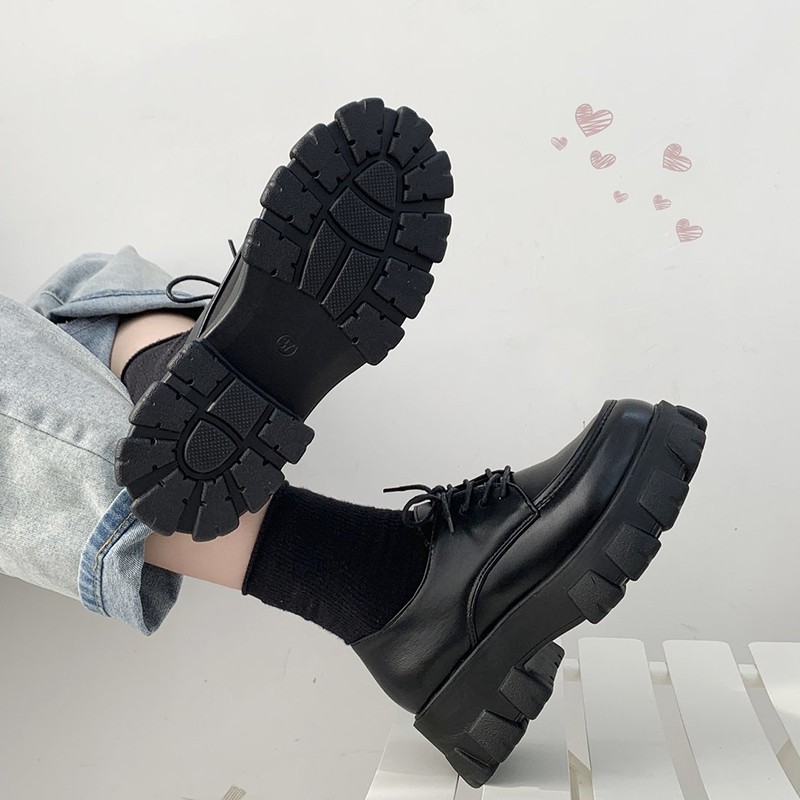 Rimocy black patent leather platform shoes women 2021 gothic lace up chunky heels woman japanese style student shoes female