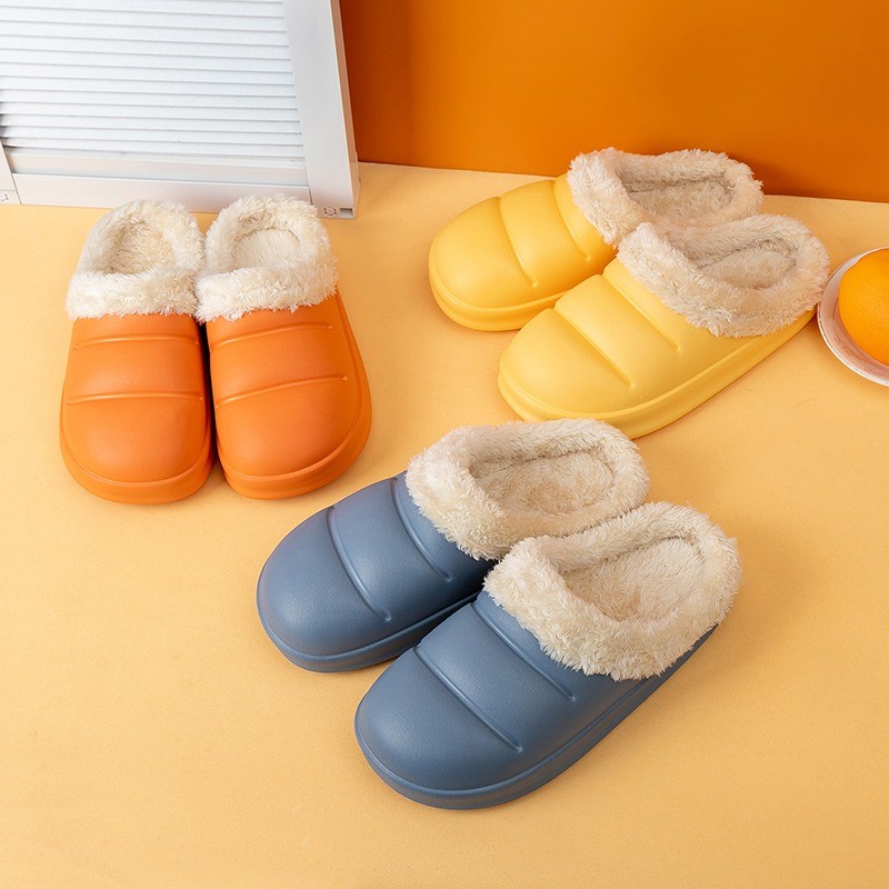 Winter Women Fur Slippers Waterproof Warm Plush Household Slides Indoor Home Thick Sole Shoes Non-slip Solid Couple Sandals