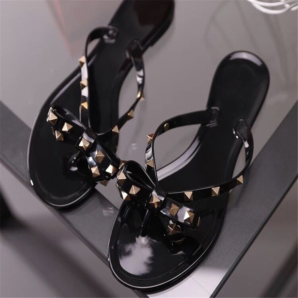 Fashion Brand Summer Flip Flops Woman Rivets Women Sandals Bow-knot Flat Slippers Girls Studded Beach Slides Jelly Shoes 35-41