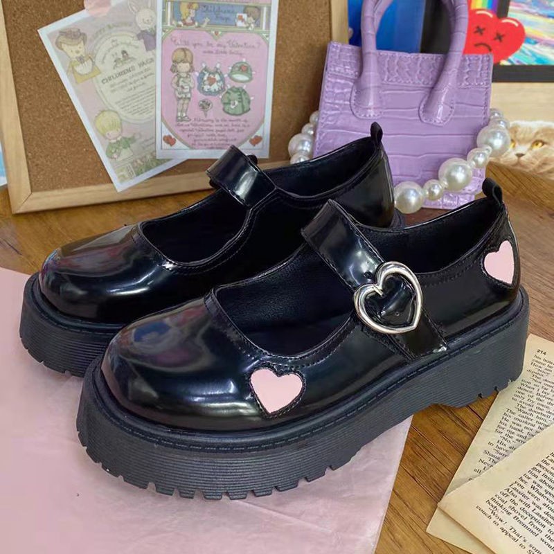 Pink Heart Patchwork Women Lolita Shoes British Style Fashion E Girl Mary Janes Autumn PU Buckle Platform Zapatillas Mujer