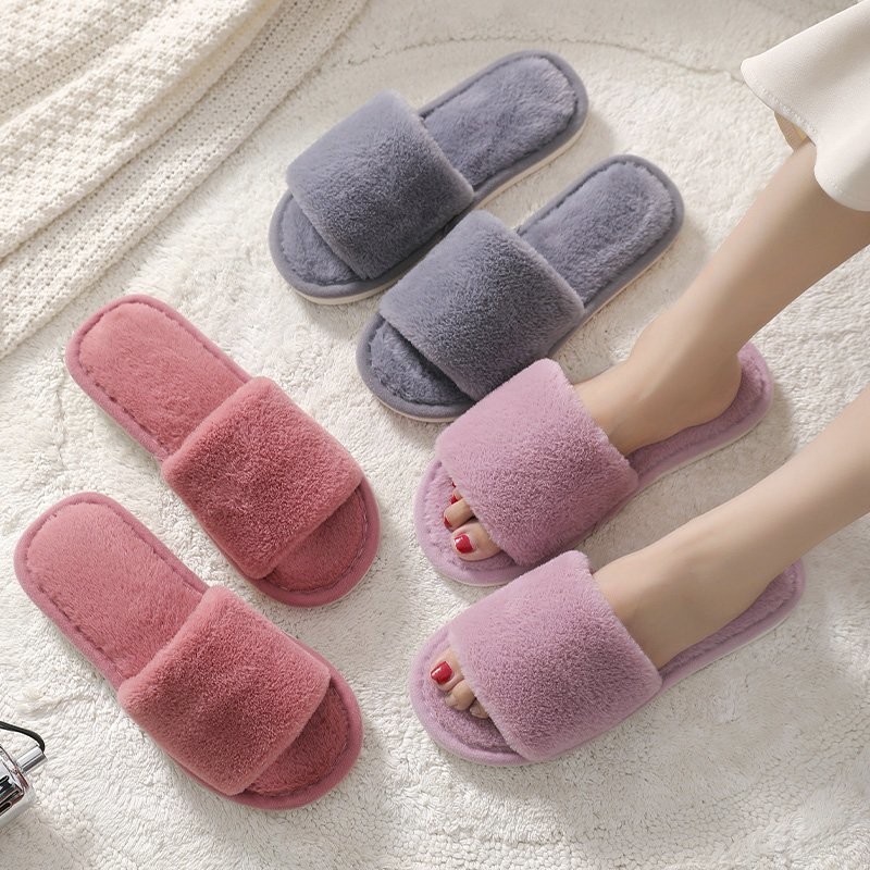 2021 Fashion Soft Fur Slippers Slides Home Indoor Floor Shoes Solid Volvi Slippers for Bedroom Open Toe Comfortable Shoes Women Gray