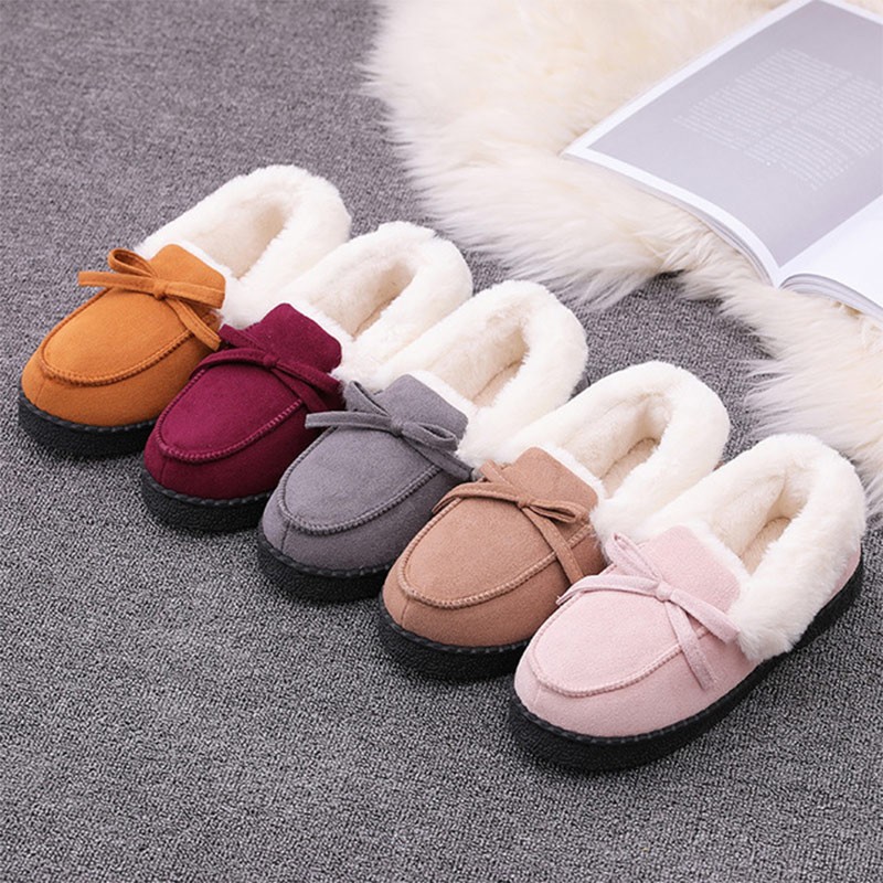 Women Slippers Winter Bow Tie Plush Warm Shoes Inside Loafers Indoor Slippers Ladies Ladies Slip On Shoes Chaussure Femme Women Shoes Non-leather Casual Shoes Women's Shoe Brand