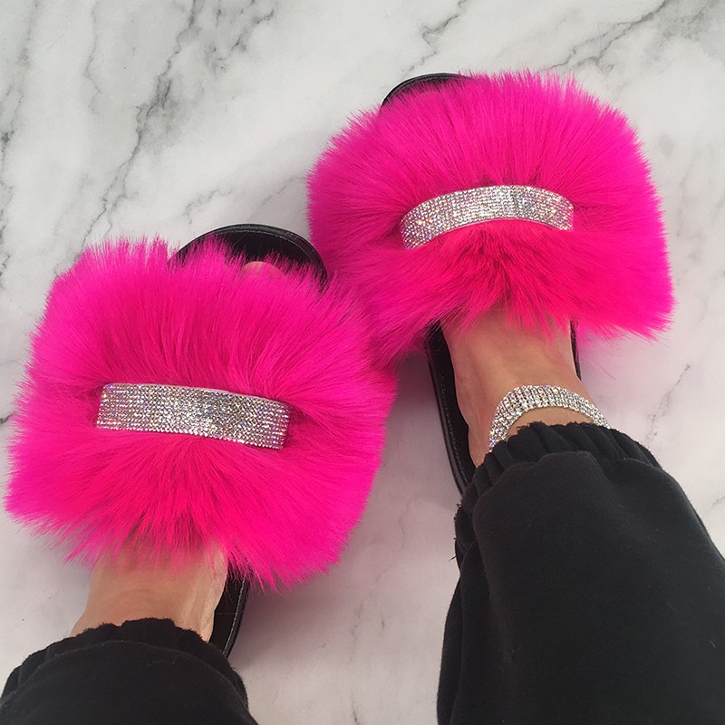 Home Slippers Women Thin Slippers Luxury Summer Faux Fur Slippers Furry Slides Shoes For Women With Rhinestones Slipper 2022