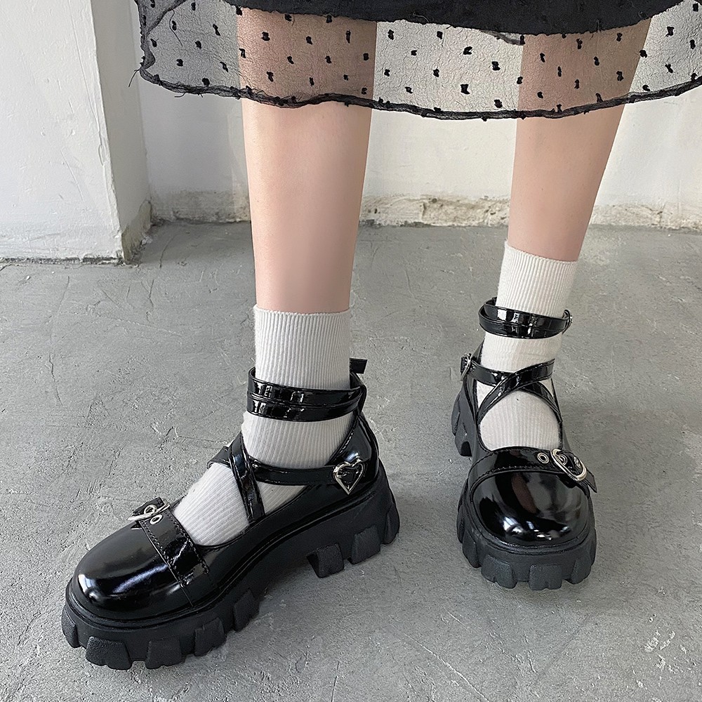 Sweet Lolita Platform Shoes Round Head Thick Heel Cross Bandage Shoes Women Kawaii Shoes Cosplay Mary Jane Shoes Heart Buckle S1