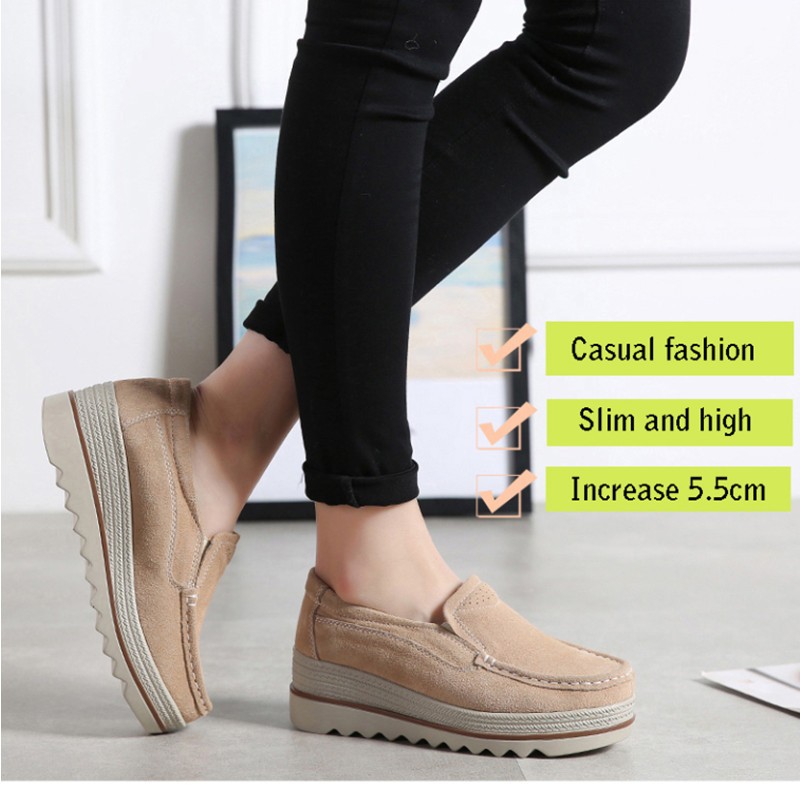 5.5cm high heels thick platform women shoes casual solid genuine leather with plush autumn winter outdoor ladies walking shoes