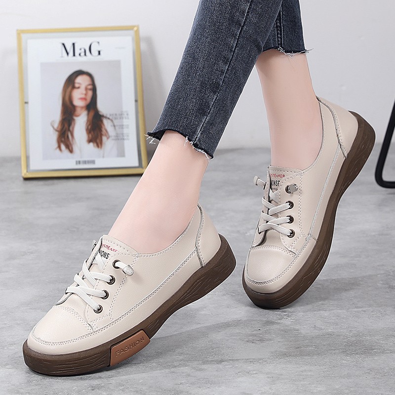Sneakers Women Natural Genuine Leather Flat Casual Shoes Female Ballet Flats Lace Up White Soft Sole Sneakers Ladies Flats