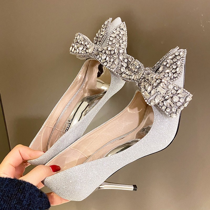 Rimocy 2022 Luxury Silver Crystal Bowknot Women Pumps Sexy Stiletto Heel Wedding Party Shoes Woman Pointed Toe Thin High Heels