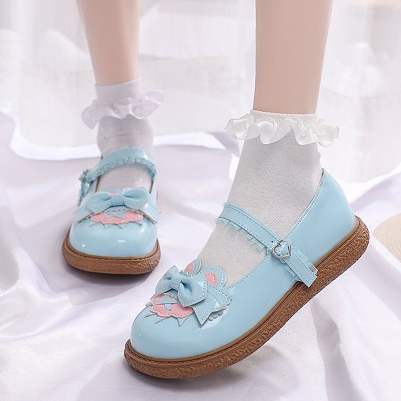 Rimocy Sweet Bowtie Mary Jane Shoes For Women Patchwork Lace Ankle Strap Flats Woman Patent Leather Lovely Lolita Platform Shoes