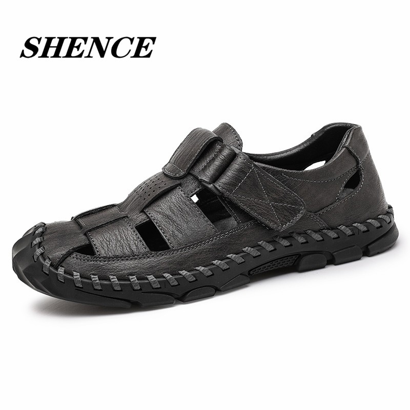 SHENCE Men's Fashion Sandals Plus Size Soft Cowhide Summer Fashion Casual Trend Breathable Non-slip Rubber Men Walking Shoes