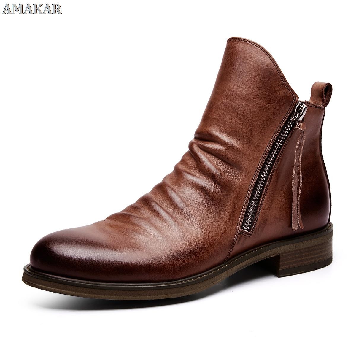 Vintage British Men's Leather Casual Shoes Round Toe Double Zip Ankle Boots Spring Autumn Business Dress Chelsea Boots Fashion