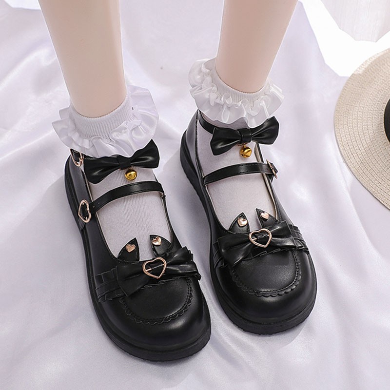 Rimocy Lovely Heart Buckle Lolita Shoes Women Ankle Strap Sweet Lace-up Woman PU Leather Comfot Soft Sole Mary Jane Shoes