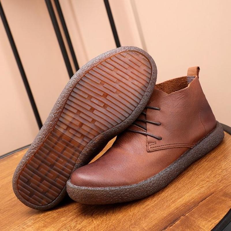 Vintage Genuine Leather Ankle Boots Spring Autumn Hight Top Casual Shoes Full Grain Stitching Soft Bottom Rubber Boots GZ2258