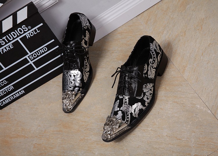 Trendy Silver Black Printing Leather Wedding Shoes Men Business Leisure Party Dress Shoes Men Metal Luxury Pointed Toe Shoes