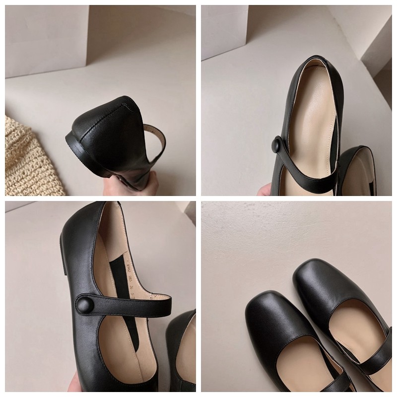 REAVE CAT 2022 Genuine Leather Comfort Plus Ladies Flats Mary Janes Buckle Strap Round Toe Square Heel 1cm US9 Black Beige A4283