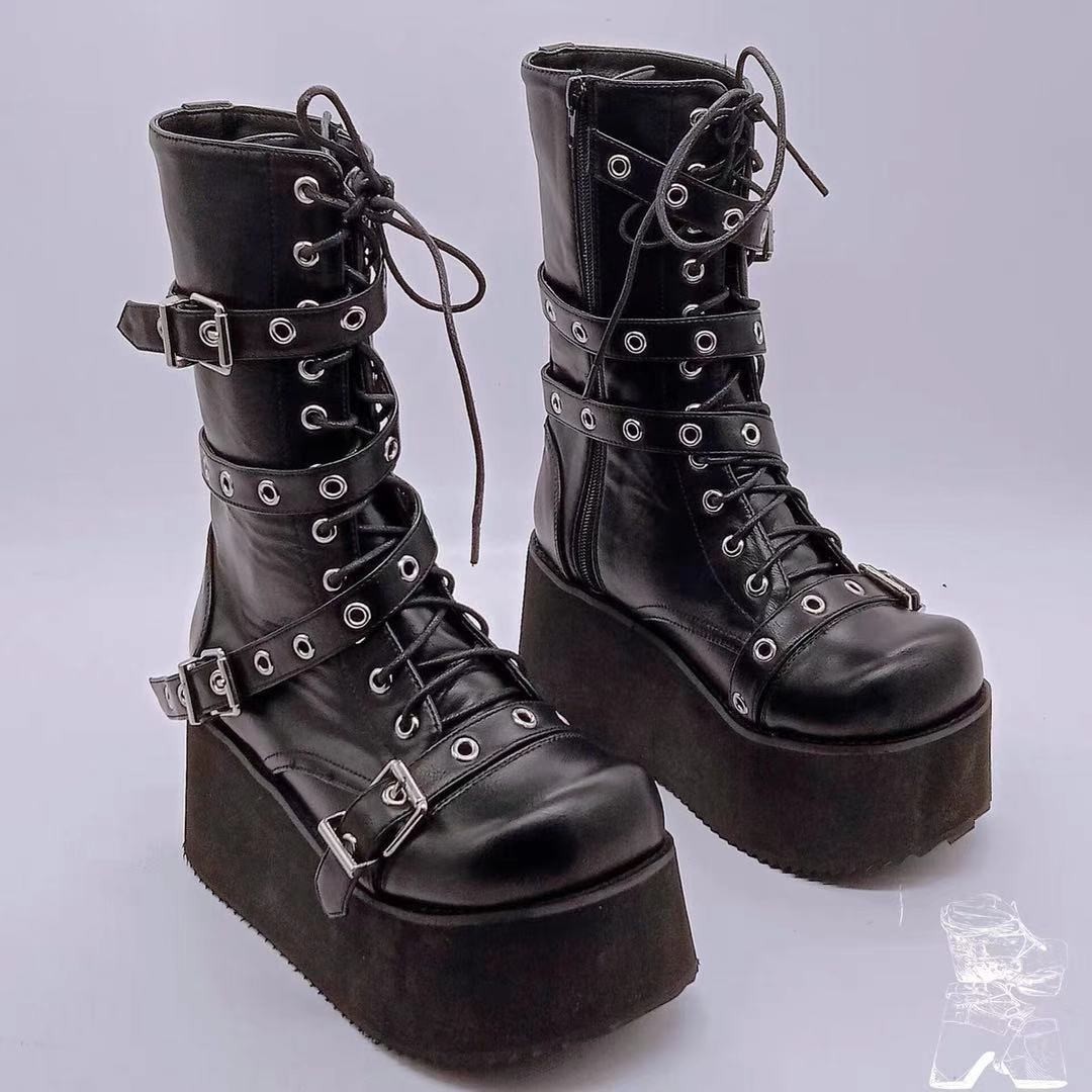 Plus Size 43 Autumn Women Boots Buckle Round Toe Wedges Platform Boots Punk Goth INS Women Street Shoes Combat Boots For Women