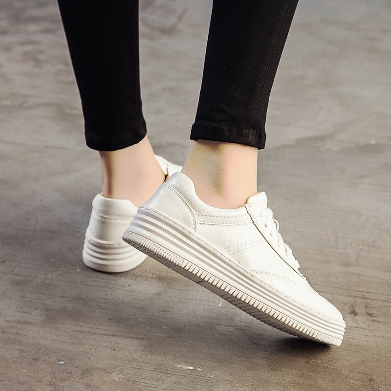 Plus Size 43 White Leather Shoes Chunky Platform Sneakers Women College Girls Casual Flat Shoes Zapatillas Deportivas Mujer LN84