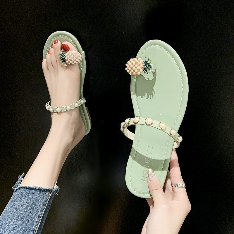 Women's shoes 2021 summer new women's shoes fashion pearl pineapple sandals women flat bottom all over toe women's beach slippers