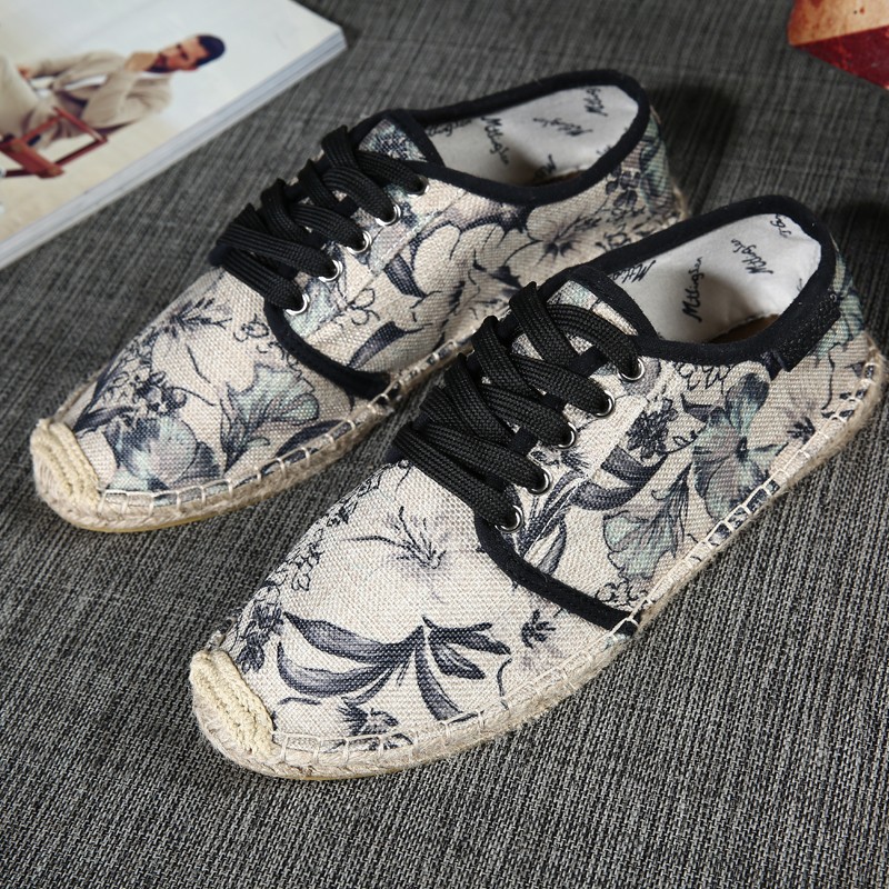 Spring Fashion Flat Canvas Women's Shoes Lace-up Hemp Sewing Print Shoes Woman Breathable Non-slip Casual Ladies Vulcanized Shoes