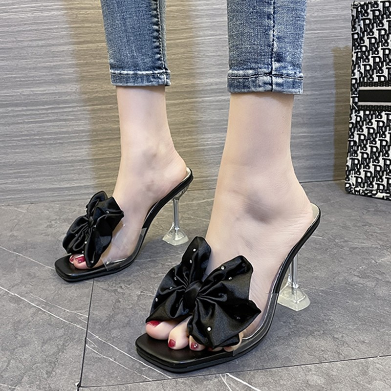 Rimocy Big Bow Fashion Slippers Women Transparent PVC Stiletto Heel Women Sandals Summer 2022 Crystal High Heels