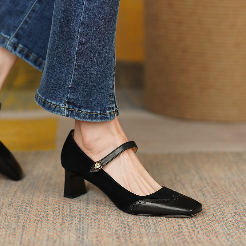 2022 New Women's Pumps Natural Leather 22-25.5cm Cowhide Upper Hollow Brooke Mary Jane Shoes Full Leather Women's Shoes