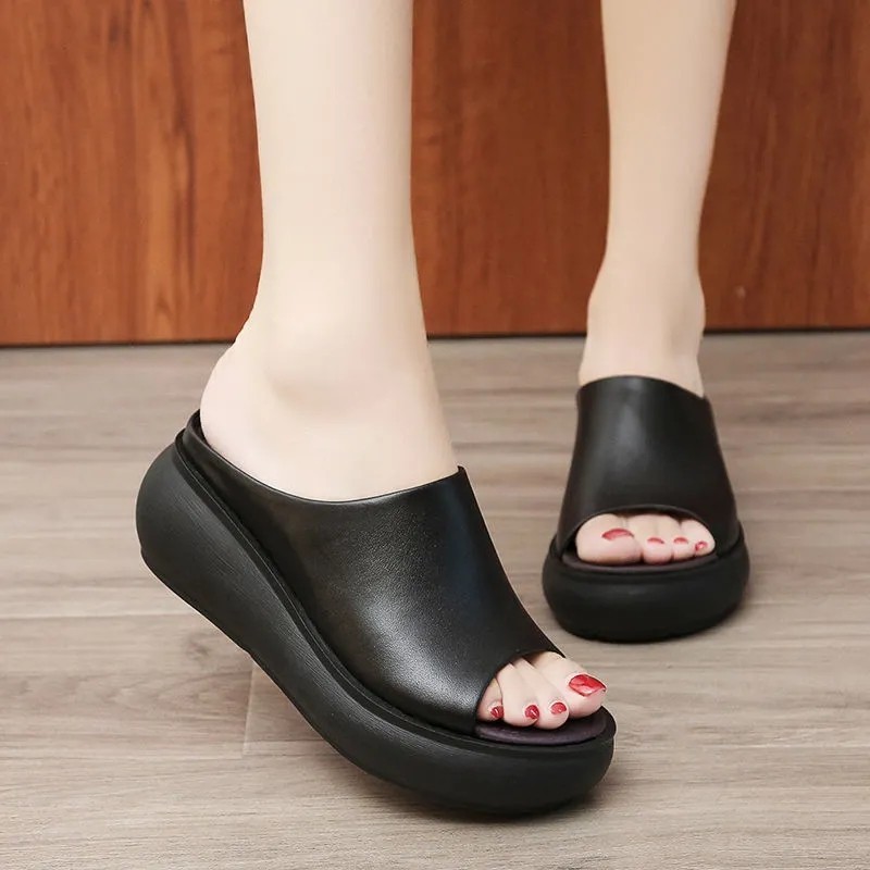 Rimocy Thick Bottom Women Summer Slippers Outdoor Beach PU Leather Slides Female Vintage Peep Toe Platform Slippers Sandals 2021