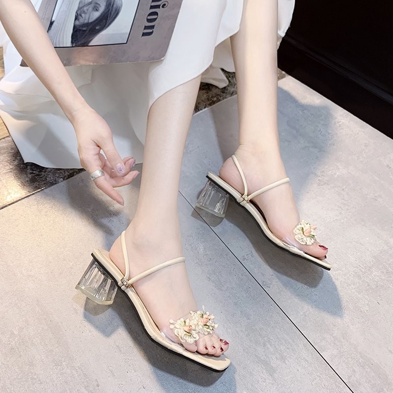 Fashion Crystal Pearl Heels 2021 Women's Sandals Lace Ruffles Beaded High Heels Open Toe Fantasy Women Slippers