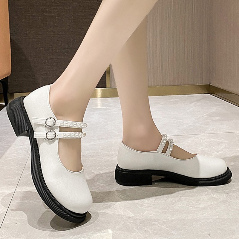 Lucyever 2022 Spring Double Buckle Mary Janes Women Pearls Strap Low Heels Casual Shoes Woman Pu Leather Students Shoes Mujer