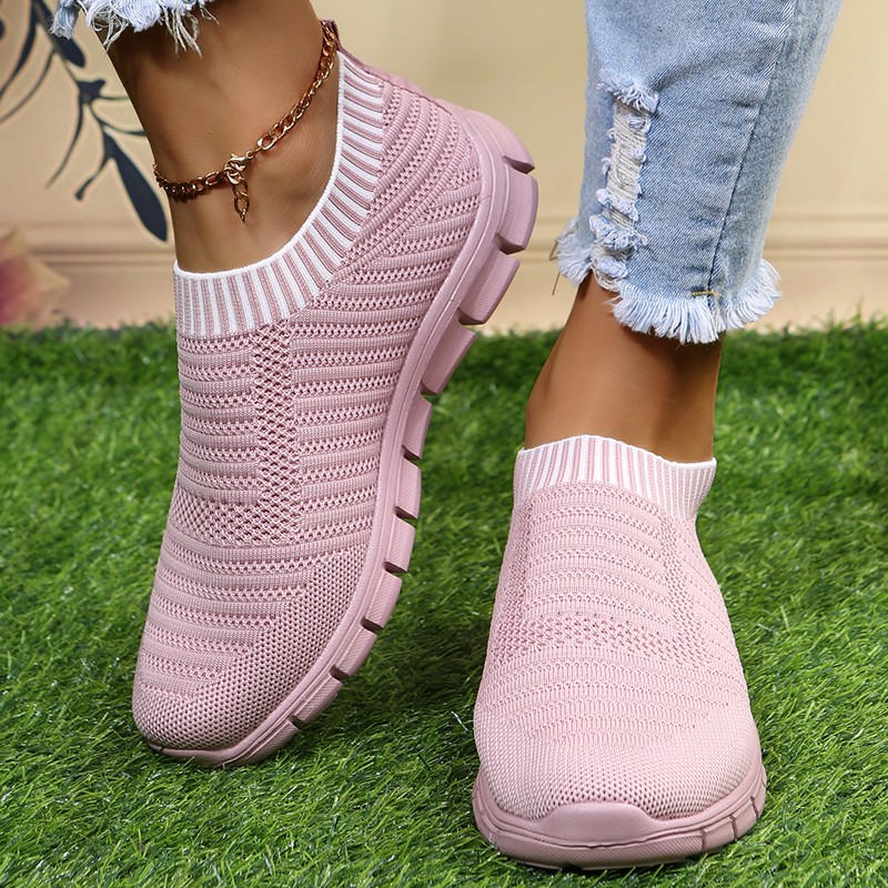 Rimocy Yellow Stripe Knitted Socks Sneakers Women Spring Summer Slip On Flat Shoes Woman Plus Size Mesh Breathable Running Shoes