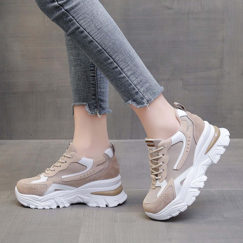 Rimocy 2022 New Women Breathable Sneakers Chunky Mesh Lace Up Walking Shoes Woman Sneakers Thick Bottom Platform Vulcanizing Shoes