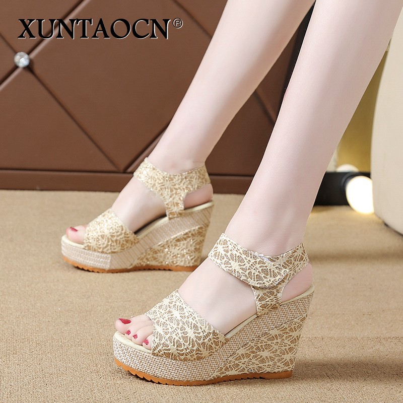 Women Sandals New Summer Fashion Lace Hollow Gladiator Wedges Shoes Woman Slides Peep Toe Hook & Loop Solid Lady Casual