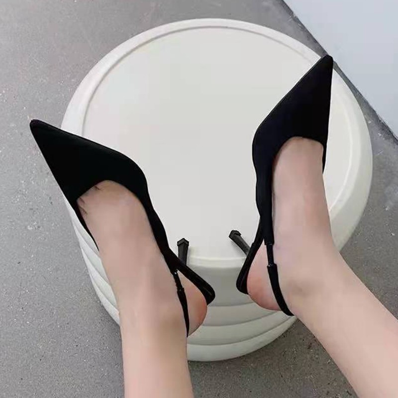 Lucyember 2022 Solid Color High Heels Pumps Women Spring Summer Pointed Toe Slingback Shoes Women Thin Heel Mules Sandals Ladies