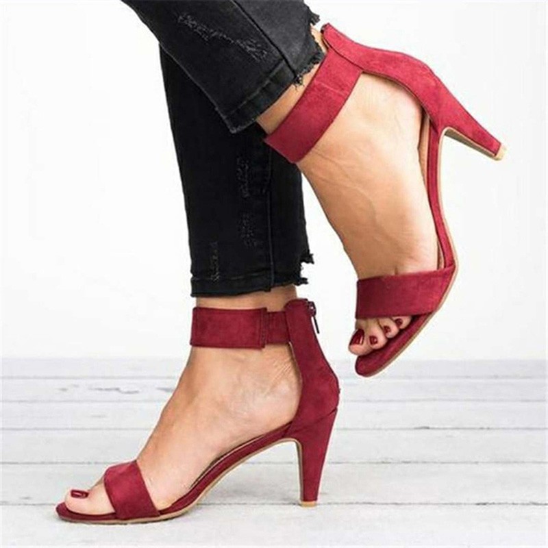 Summer new open toe round head stiletto women's sandals bag zipper suede slimming word women's shoes