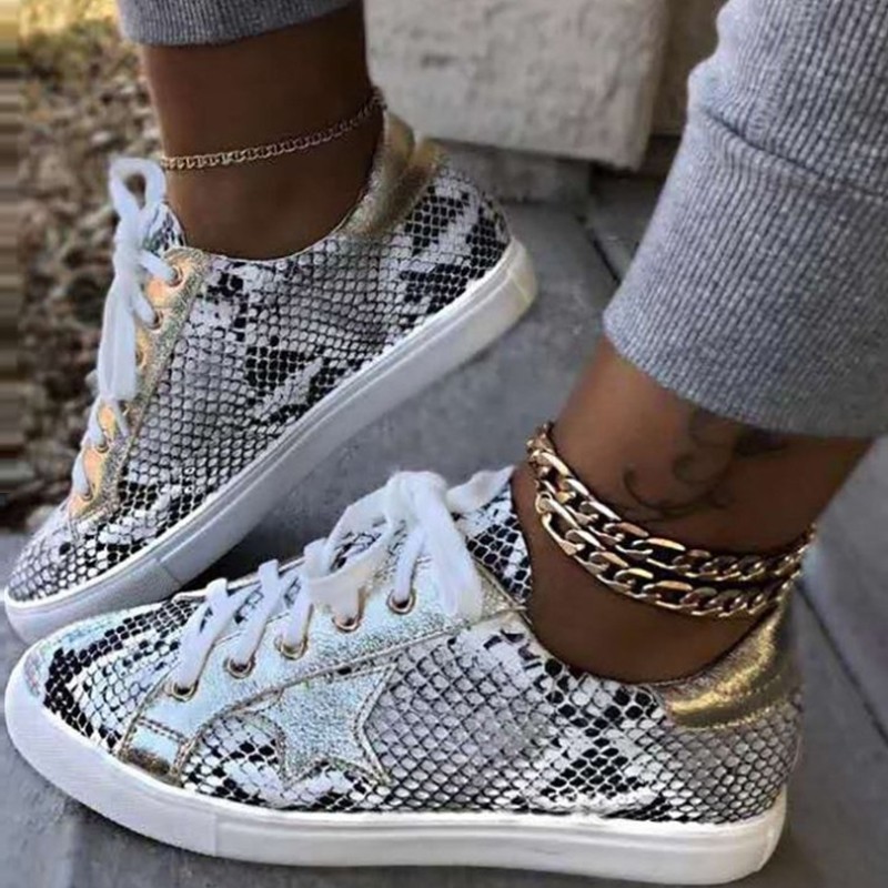 2021 Autumn Star Snake Print Lace-up Casual Flat Shoes Round Toe Simple Sneakers Women New Fashion Walking Viscose Sneakers