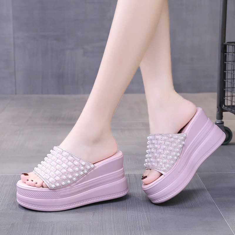 Rimocy 2022 Platform Wedge Sandals Women Summer Shoes Ultra High Heels Pearl Wedge Sandals Women Open Toe Platform Wedge Sandals