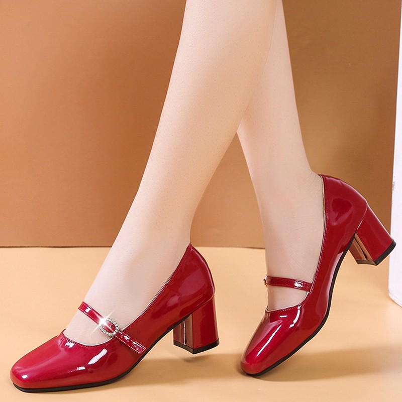 Lucifer Mary Janes Patent Leather Women Shoes Crystal Buckle 2022 Solid Color Chunky Heel Women Shoes Black Red