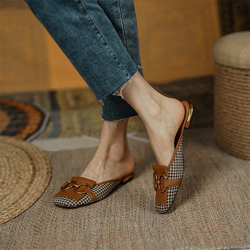 Meotina Women Mules Shoes Genuine Leather Flat Shoes Fringe Metal Decoration Square Toe Women's Shoes Spring Autumn Brown 40