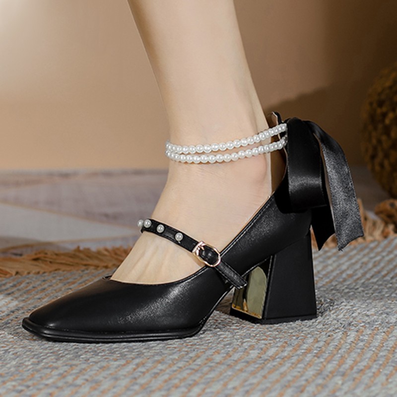 Lucifer Pearl Women Ankle Strap Mary Jane 2022 Elegant Chunky Heel Party Wedding Shoes Female Square Toe Pumps