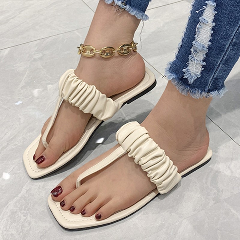 Lucyever 2022 Summer Clip Toe Flat Slippers Women Pleated Pu Leather Square Toe Sandals Woman Solid Outdoor Flip Flops Mujer 43