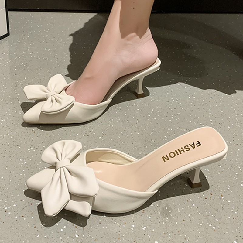 Lucyever Fashion Big Bowknot Women's Slippers 2022 Summer Pointed Toe Low Heels Mules Shoes Woman Green Thin Heeled Slides Mujer