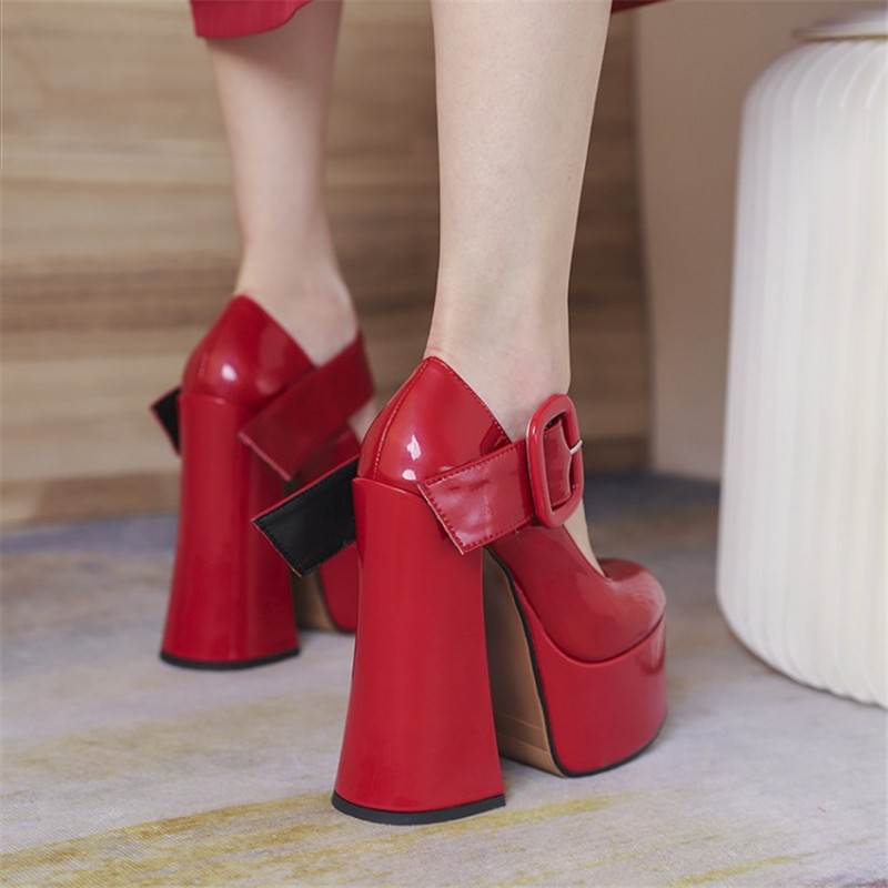 CONASCO Punk Women Thick High Heel Pumps Party Buckles Night Club Prom Shoes Woman Genuine Leather Pumps