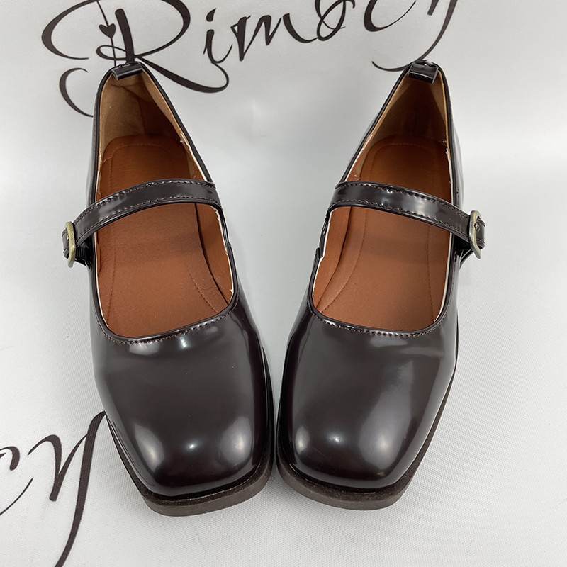 Rimocy Vintage Brown Low Heel Mary Jane Shoes for Women Spring Autumn Patent Leather Shoes Woman Square Toe Buckle Strap Pumps