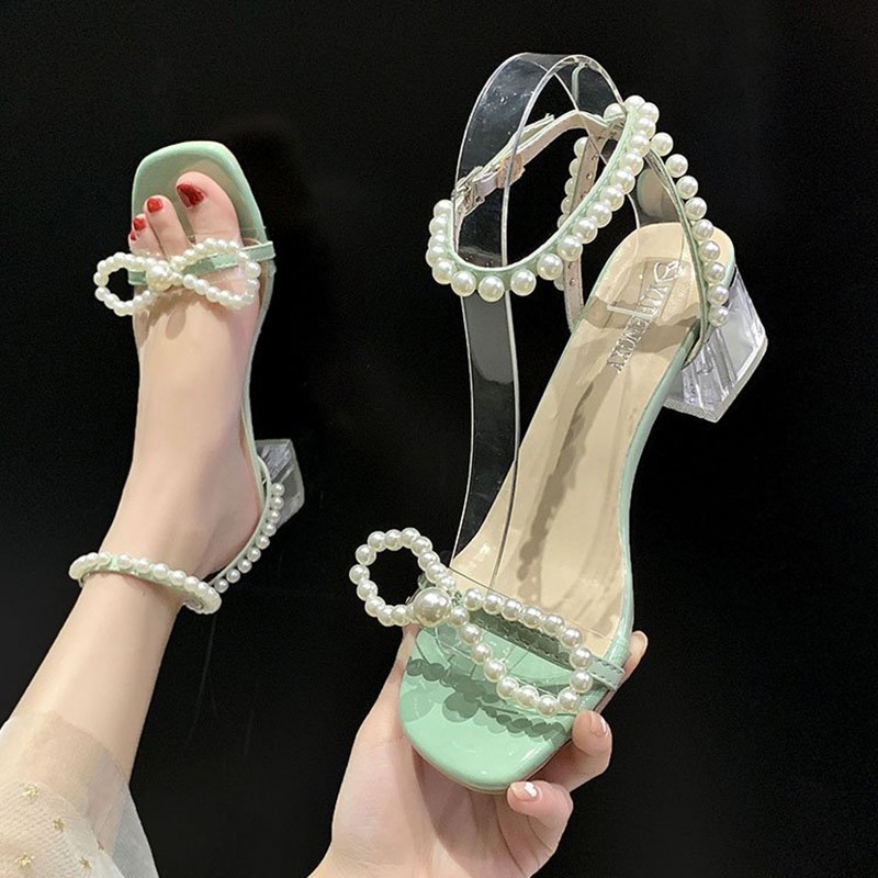 Rimocy Pearl Ankle Strap Clear Heels Sandals Women 2022 Summer Transparent PVC Sandalias Mujer Open Toe Square Heels Party Shoes