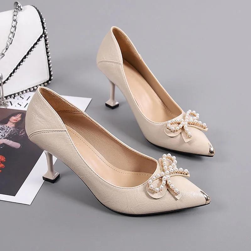 Rimocy Sexy Pointed Toe Shallow Stiletto Heel Pumps Women Fashion Pearl Bowknot High Heel Dress Party Shoes Woman Zapatos Mujer