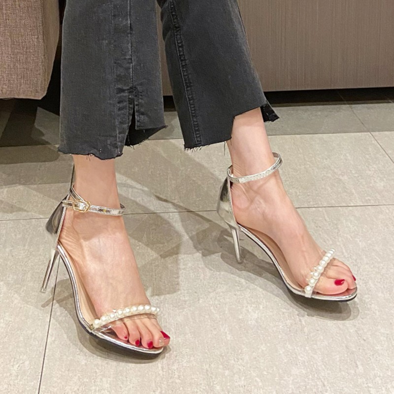 lucifer pearl strap high heel sandals for women summer ankle strap stiletto heel shoes woman gold silver party shoes ladies