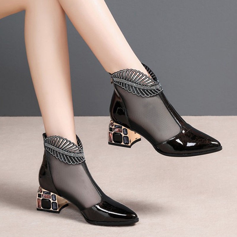 2021 spring summer new chunky heels patent leather pumps women hollow-out plus size shoes rhinestone mesh closed toe sandals