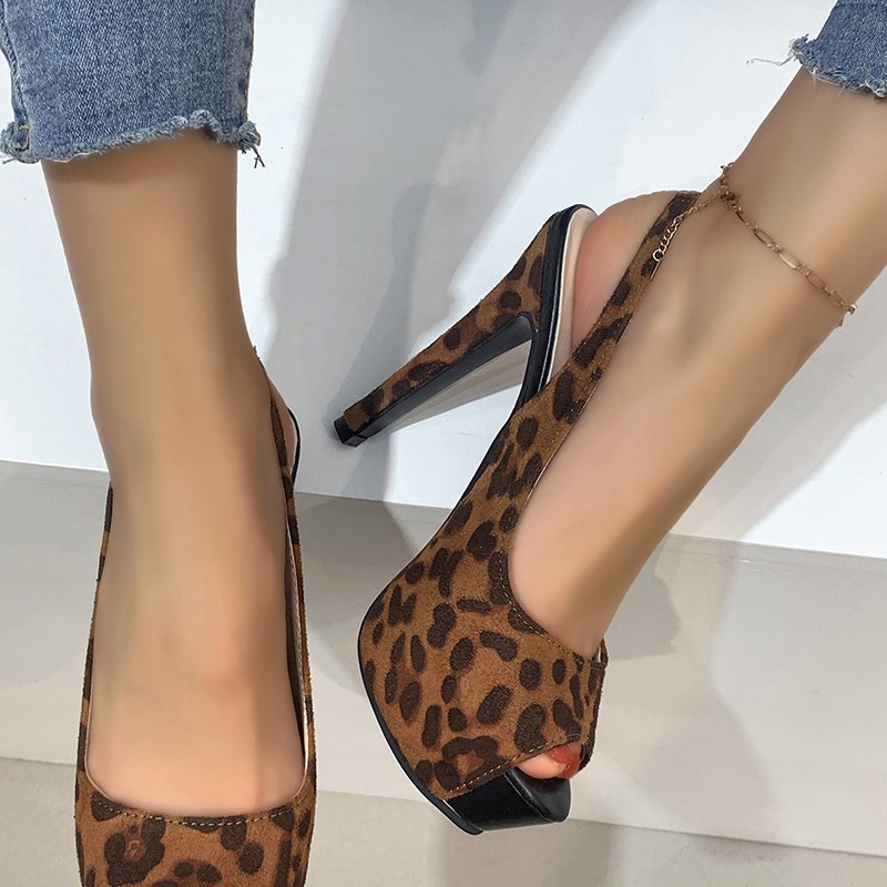 Plus Size Leopard High Heels Sandals Women Sexy Black Party Stiletto Heels Shoes Woman Summer Peep Toe Platform Sandalias Mujer